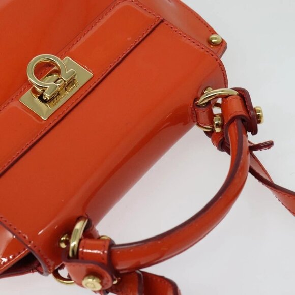 Salvatore Ferragamo Gancini Hand Bag Enamel 2way Orange Gold Auth - Picture 7 of 16